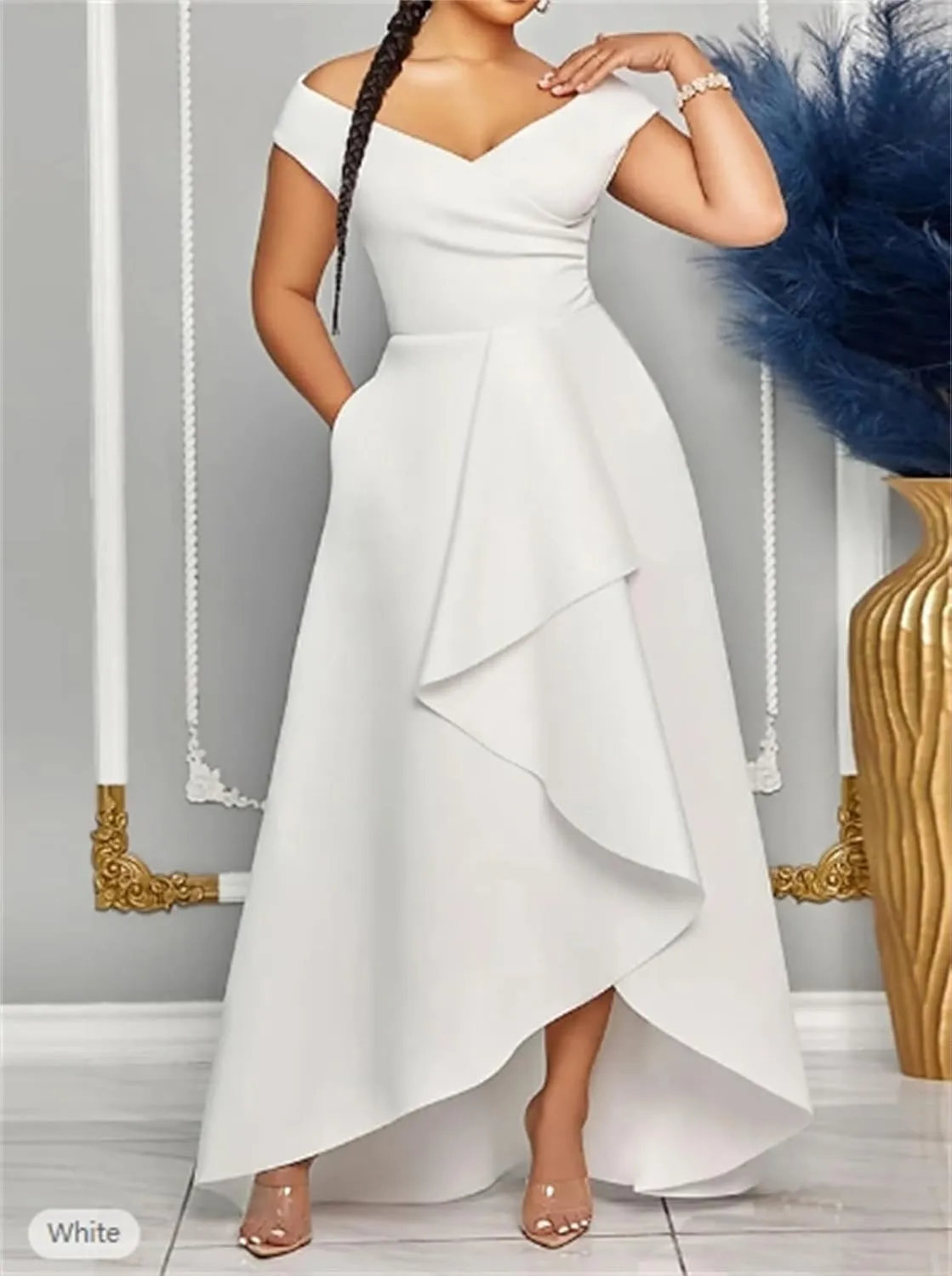 Off The Shoulder Mother of The Bride Dresses with Pockets High-Low V Neck A Line Evening Party Dresses with Ruffle