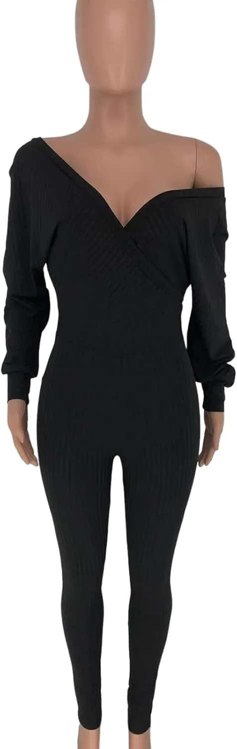 Ophestin Womens Sexy V Neck Solid Color Long Sleeve Ribbed Knit Bodycon Jumpsuit