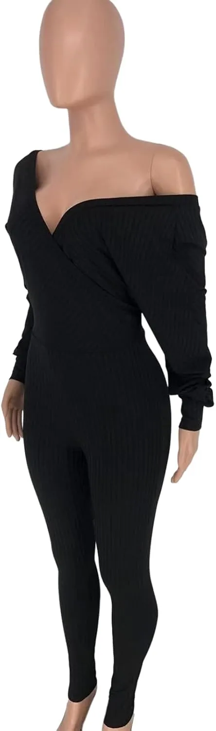 Ophestin Womens Sexy V Neck Solid Color Long Sleeve Ribbed Knit Bodycon Jumpsuit