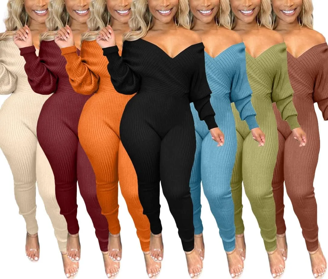 Ophestin Womens Sexy V Neck Solid Color Long Sleeve Ribbed Knit Bodycon Jumpsuit