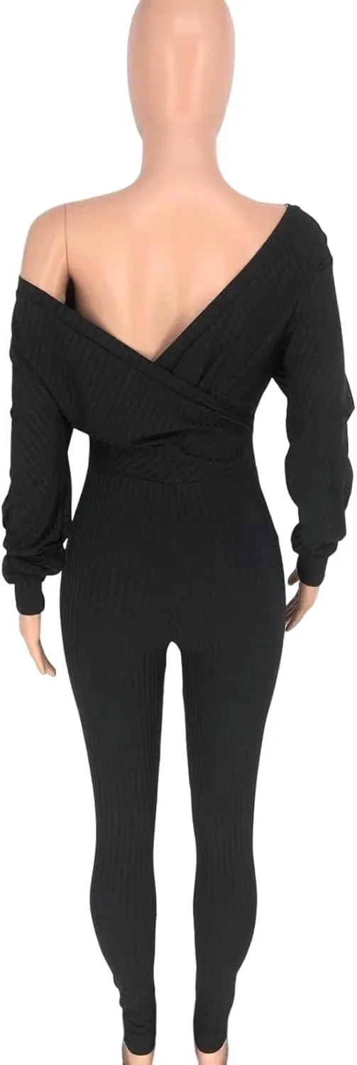 Ophestin Womens Sexy V Neck Solid Color Long Sleeve Ribbed Knit Bodycon Jumpsuit