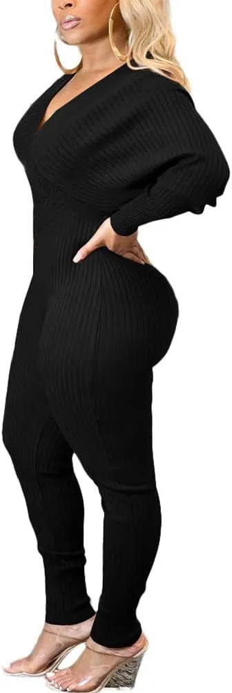 Ophestin Womens Sexy V Neck Solid Color Long Sleeve Ribbed Knit Bodycon Jumpsuit