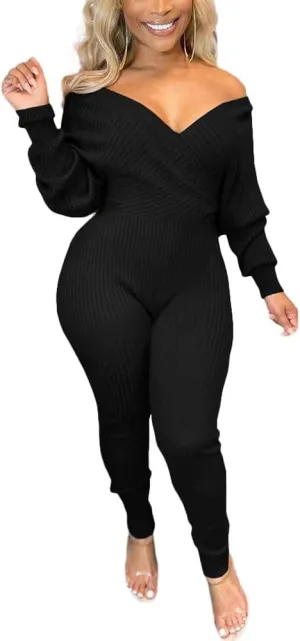 Ophestin Womens Sexy V Neck Solid Color Long Sleeve Ribbed Knit Bodycon Jumpsuit