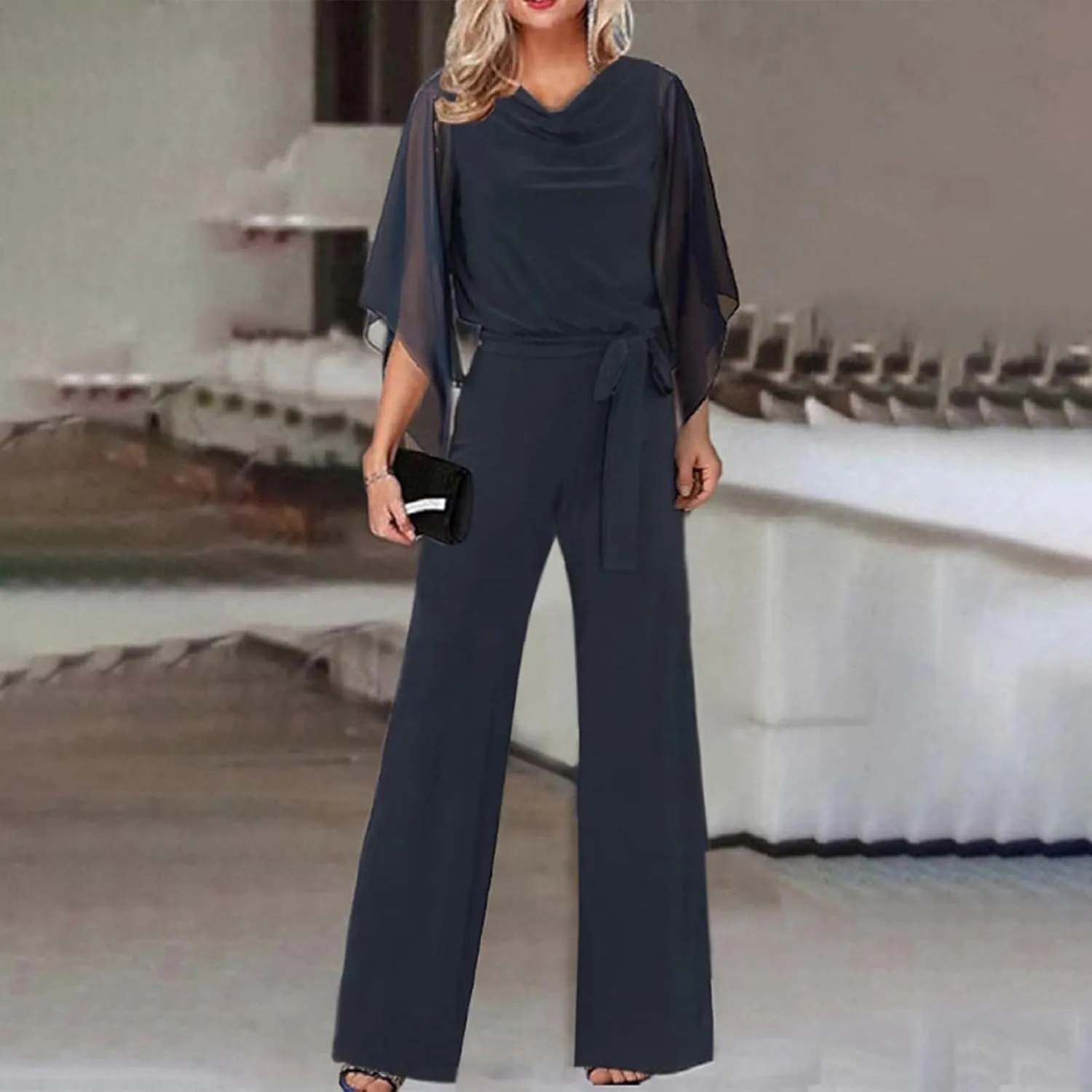 Oplxuo Women Chiffon Flare 3/4 Sleeve Jumpsuit Cowl Neck Tie Waist Wide Leg Long Pants Romper Dressy Wedding Jumpsuit
