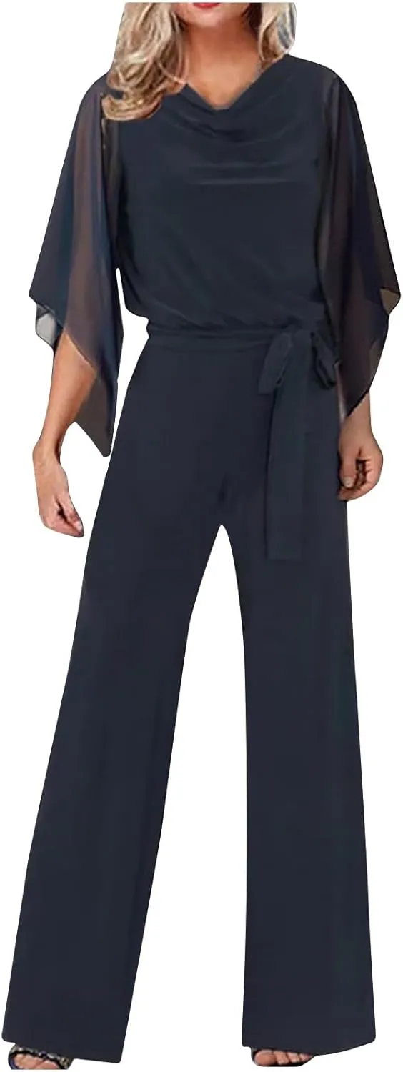 Oplxuo Women Chiffon Flare 3/4 Sleeve Jumpsuit Cowl Neck Tie Waist Wide Leg Long Pants Romper Dressy Wedding Jumpsuit