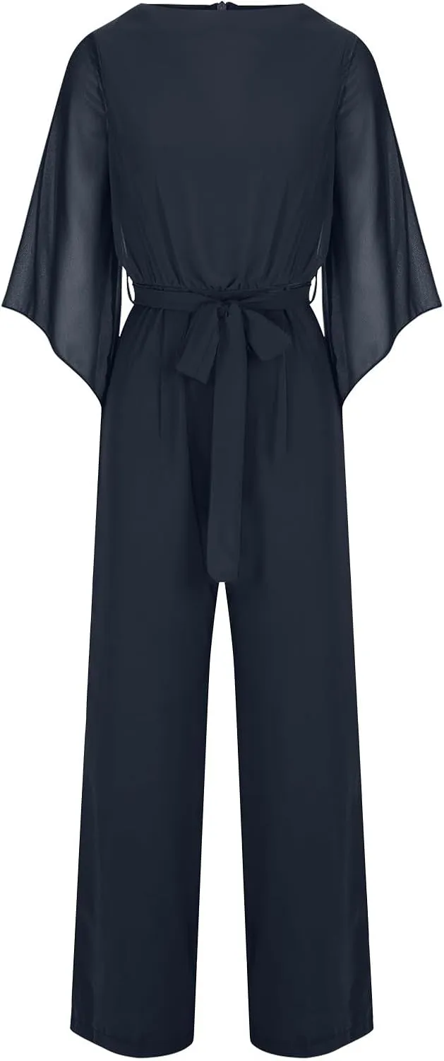 Oplxuo Women Chiffon Flare 3/4 Sleeve Jumpsuit Cowl Neck Tie Waist Wide Leg Long Pants Romper Dressy Wedding Jumpsuit