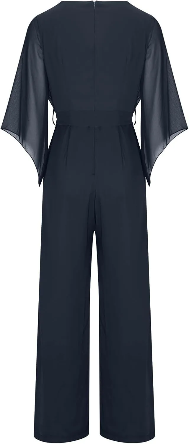 Oplxuo Women Chiffon Flare 3/4 Sleeve Jumpsuit Cowl Neck Tie Waist Wide Leg Long Pants Romper Dressy Wedding Jumpsuit
