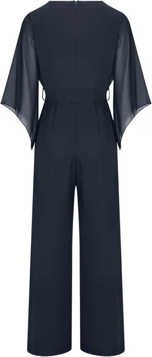 Oplxuo Women Chiffon Flare 3/4 Sleeve Jumpsuit Cowl Neck Tie Waist Wide Leg Long Pants Romper Dressy Wedding Jumpsuit