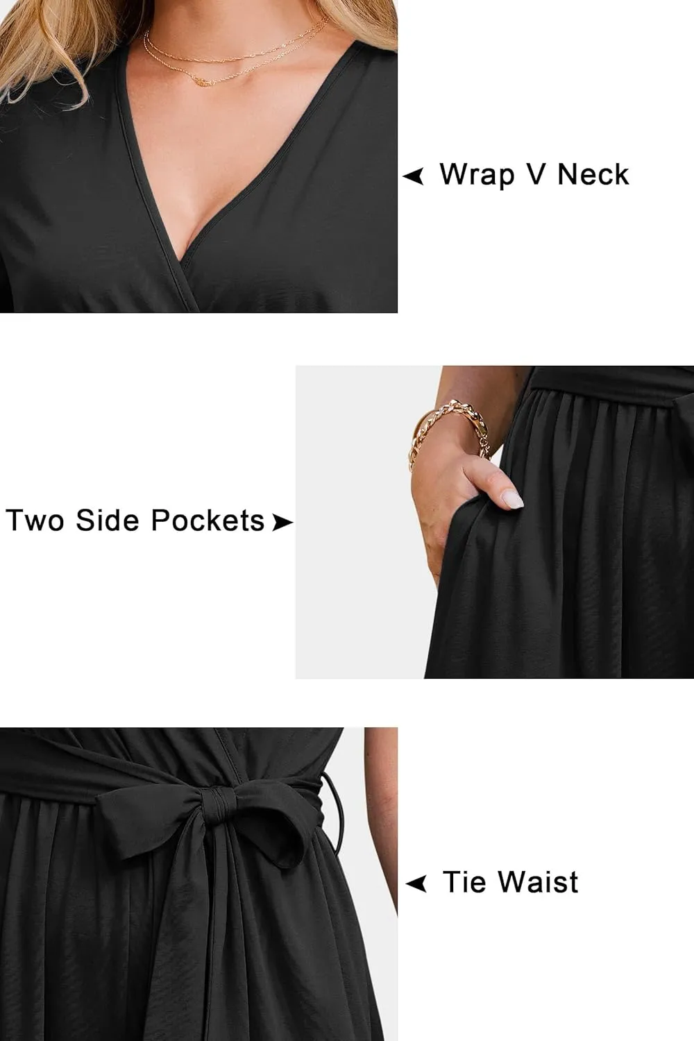 OUGES Womens Jumpsuit Dressy Casual 2024 Summer Short Sleeve Wrap V Neck Wide Leg Rompers with Pockets