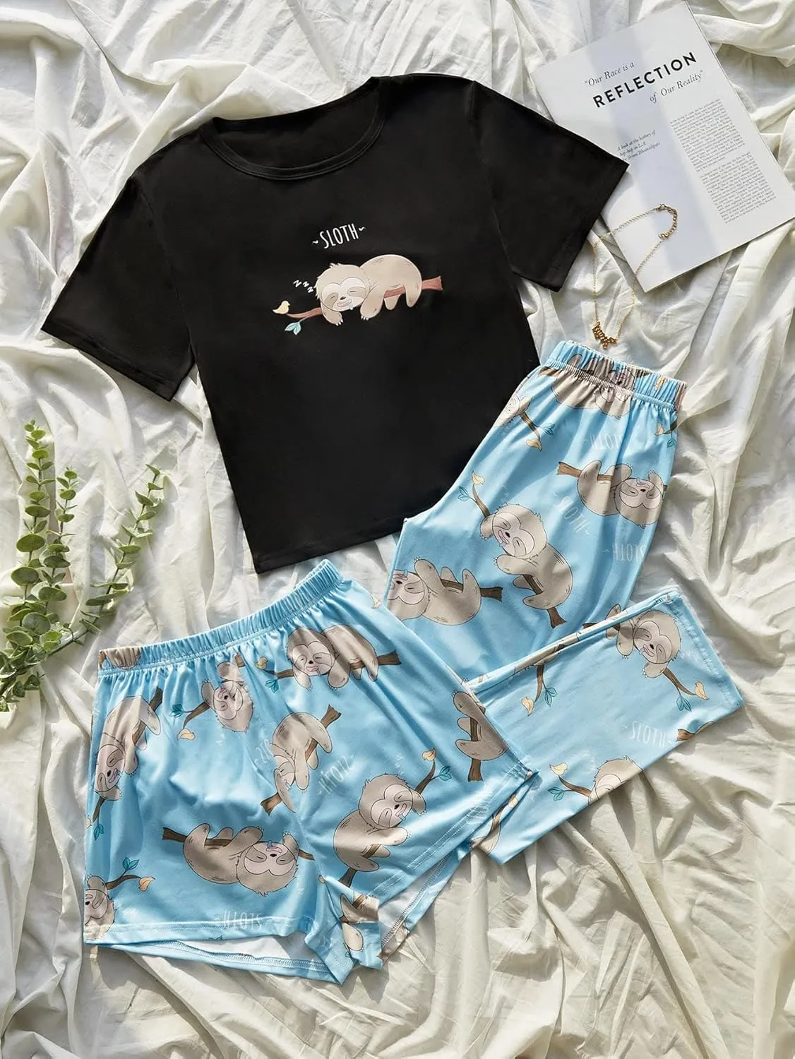 OYOANGLE Women's 3 Piece Pajama Set Sleepwear Loungewear Sets PJ Set Print Tee Top and Shorts with Pants