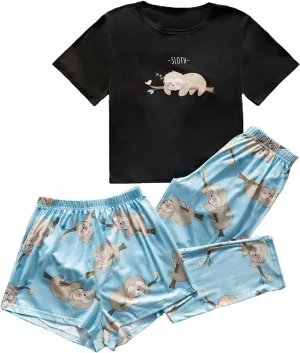 OYOANGLE Women's 3 Piece Pajama Set Sleepwear Loungewear Sets PJ Set Print Tee Top and Shorts with Pants