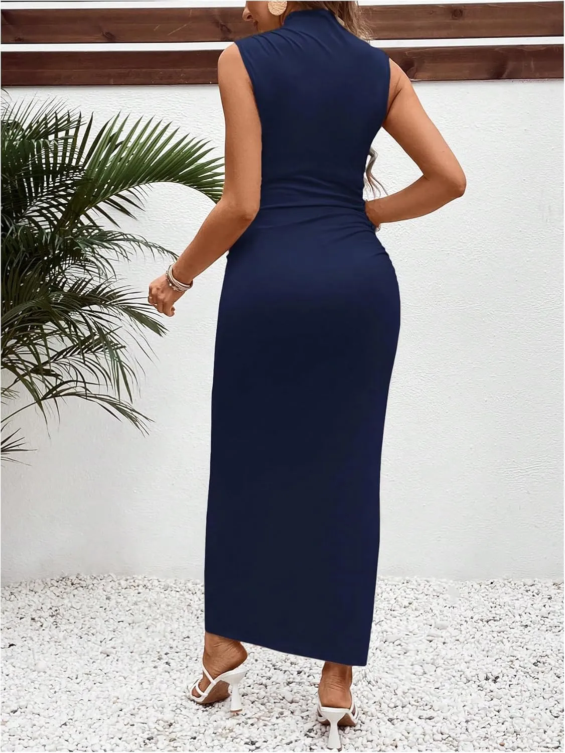 OYOANGLE Women's Maternity Mock Neck Sleeveless Ruched Dress Pregnancy Bodycon Maxi Tank Dresses