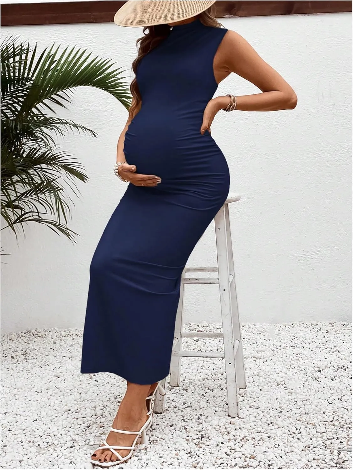 OYOANGLE Women's Maternity Mock Neck Sleeveless Ruched Dress Pregnancy Bodycon Maxi Tank Dresses