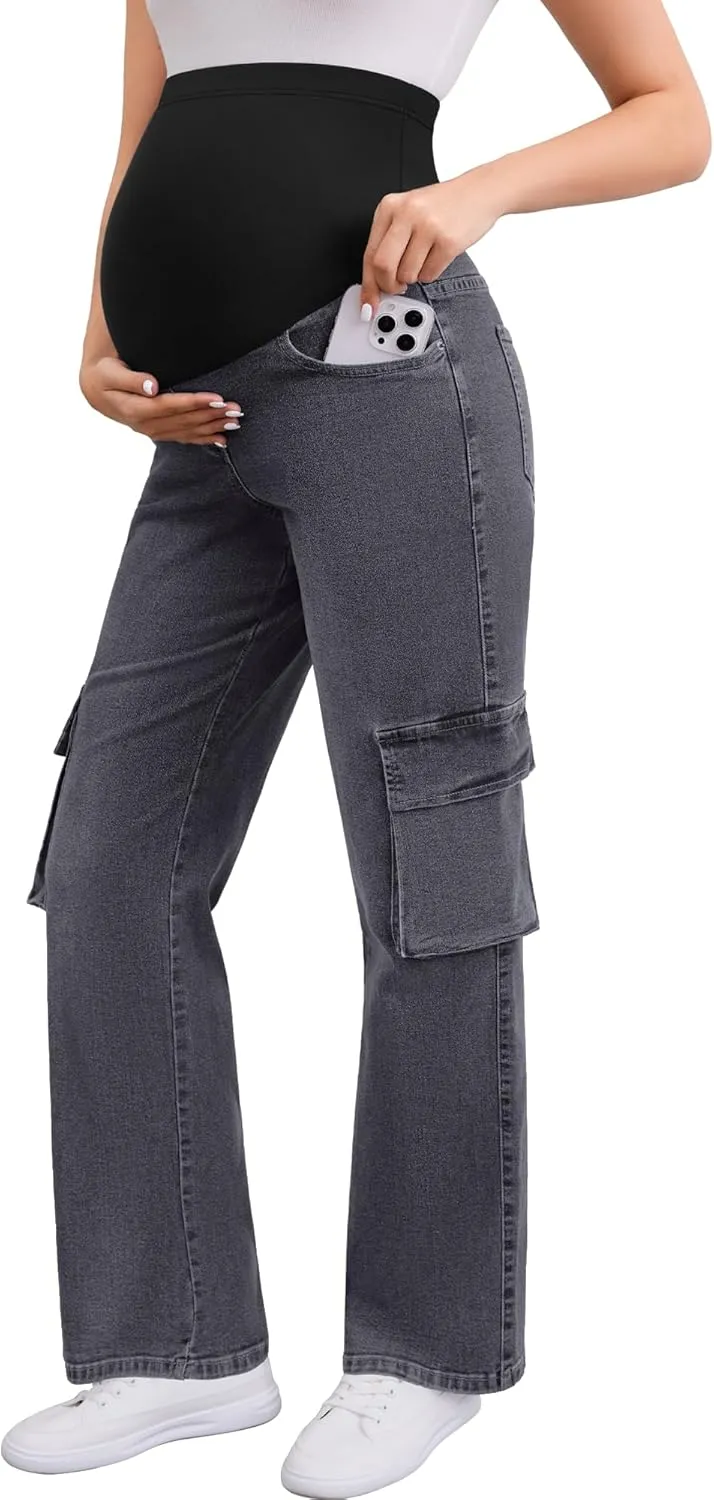 PACBREEZE Women's Maternity Jeans Cargo Straight Leg Relaxed Jeans Over Belly Comfy Denim Pregnancy Pants, S-XXL