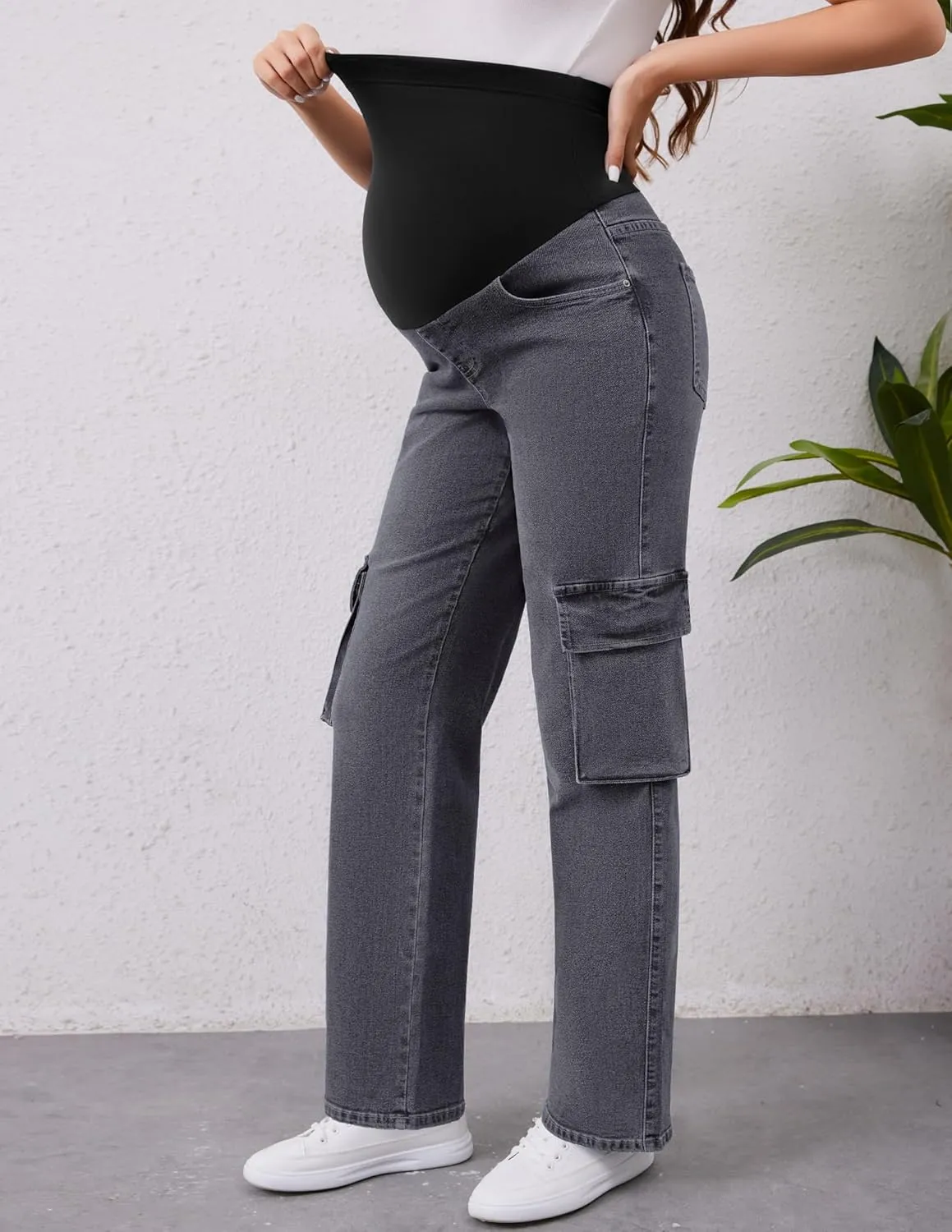 PACBREEZE Women's Maternity Jeans Cargo Straight Leg Relaxed Jeans Over Belly Comfy Denim Pregnancy Pants, S-XXL