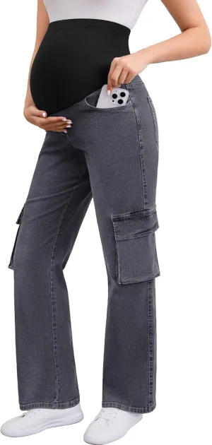 PACBREEZE Women's Maternity Jeans Cargo Straight Leg Relaxed Jeans Over Belly Comfy Denim Pregnancy Pants, S-XXL
