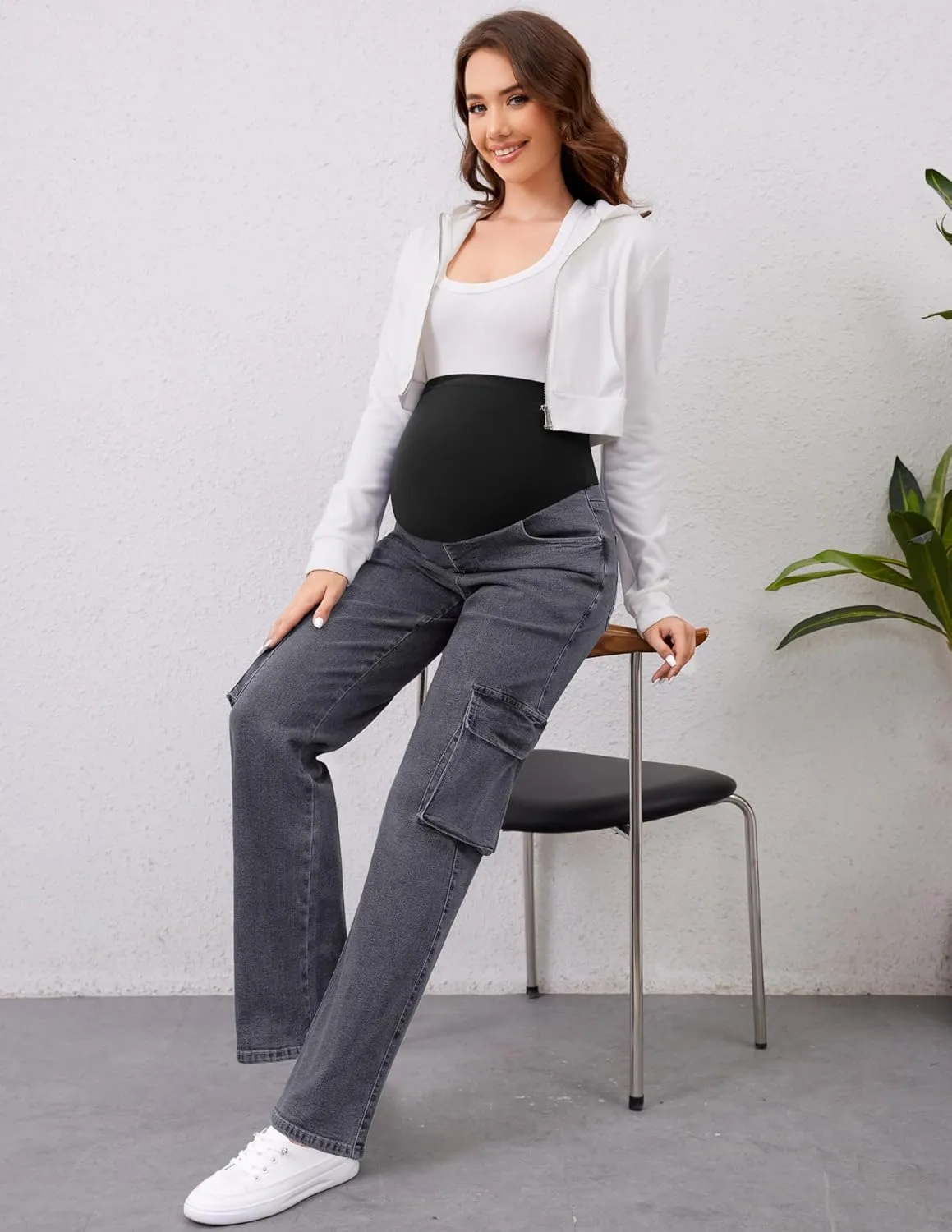 PACBREEZE Women's Maternity Jeans Cargo Straight Leg Relaxed Jeans Over Belly Comfy Denim Pregnancy Pants, S-XXL