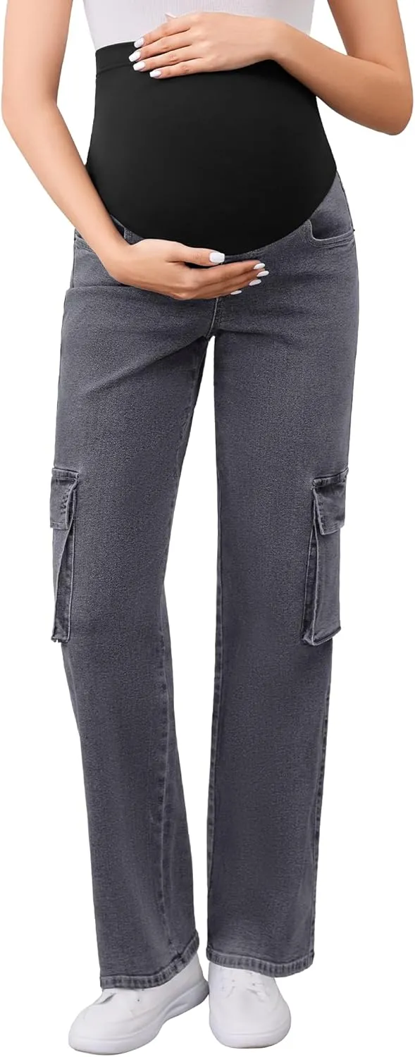 PACBREEZE Women's Maternity Jeans Cargo Straight Leg Relaxed Jeans Over Belly Comfy Denim Pregnancy Pants, S-XXL