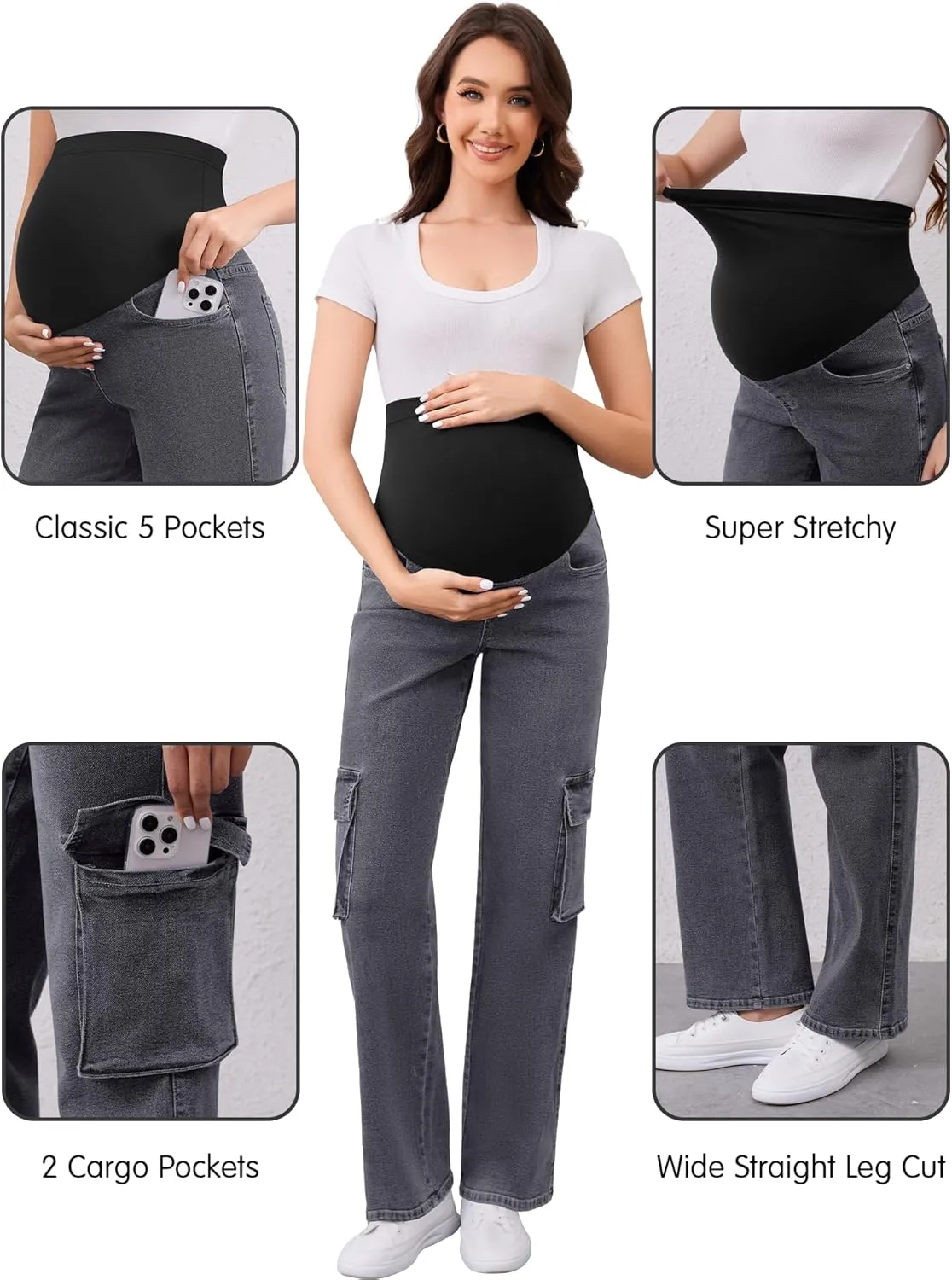 PACBREEZE Women's Maternity Jeans Cargo Straight Leg Relaxed Jeans Over Belly Comfy Denim Pregnancy Pants, S-XXL