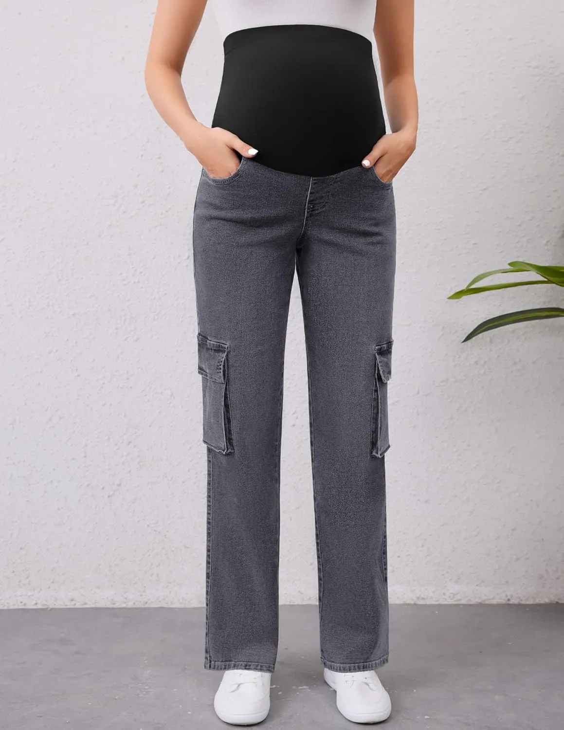 PACBREEZE Women's Maternity Jeans Cargo Straight Leg Relaxed Jeans Over Belly Comfy Denim Pregnancy Pants, S-XXL