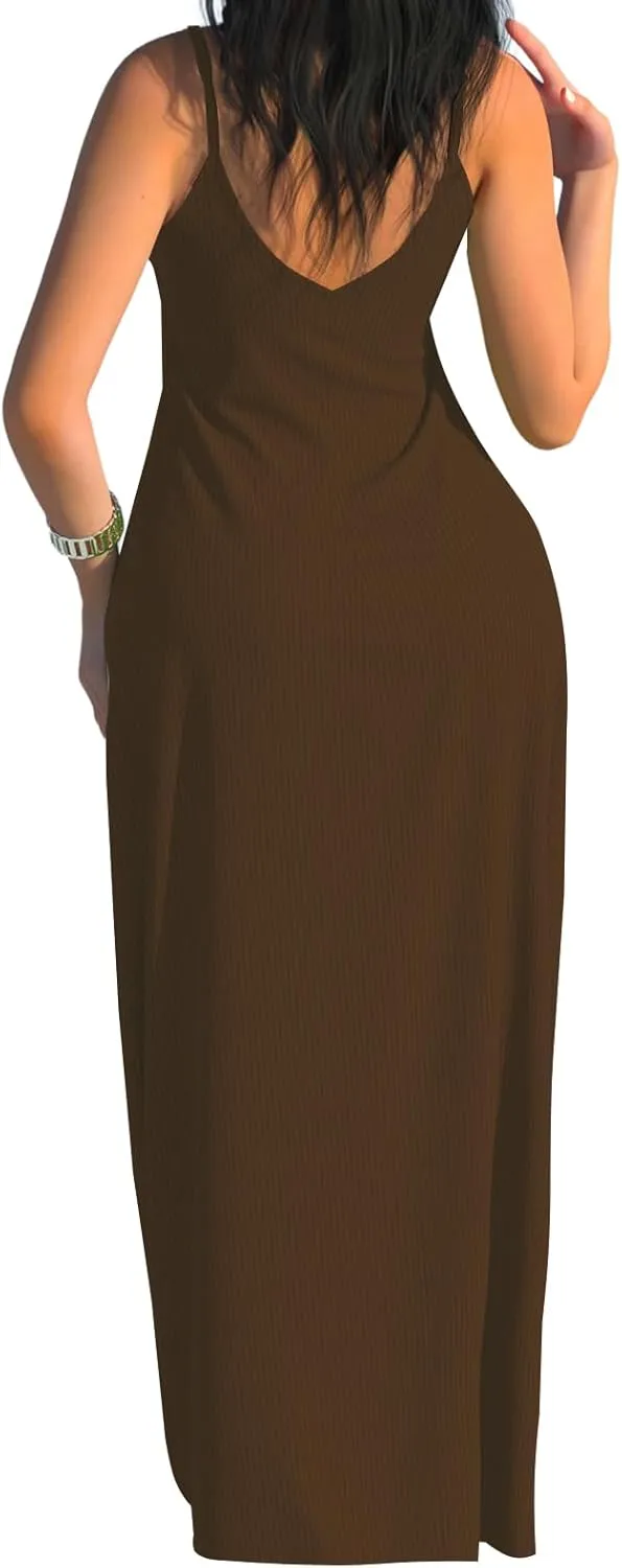 PaladMom Women's Summer Casual Sundress Sleeveless Maxi Dress Plus Size Loose Stripes Long Dresses with Pockets