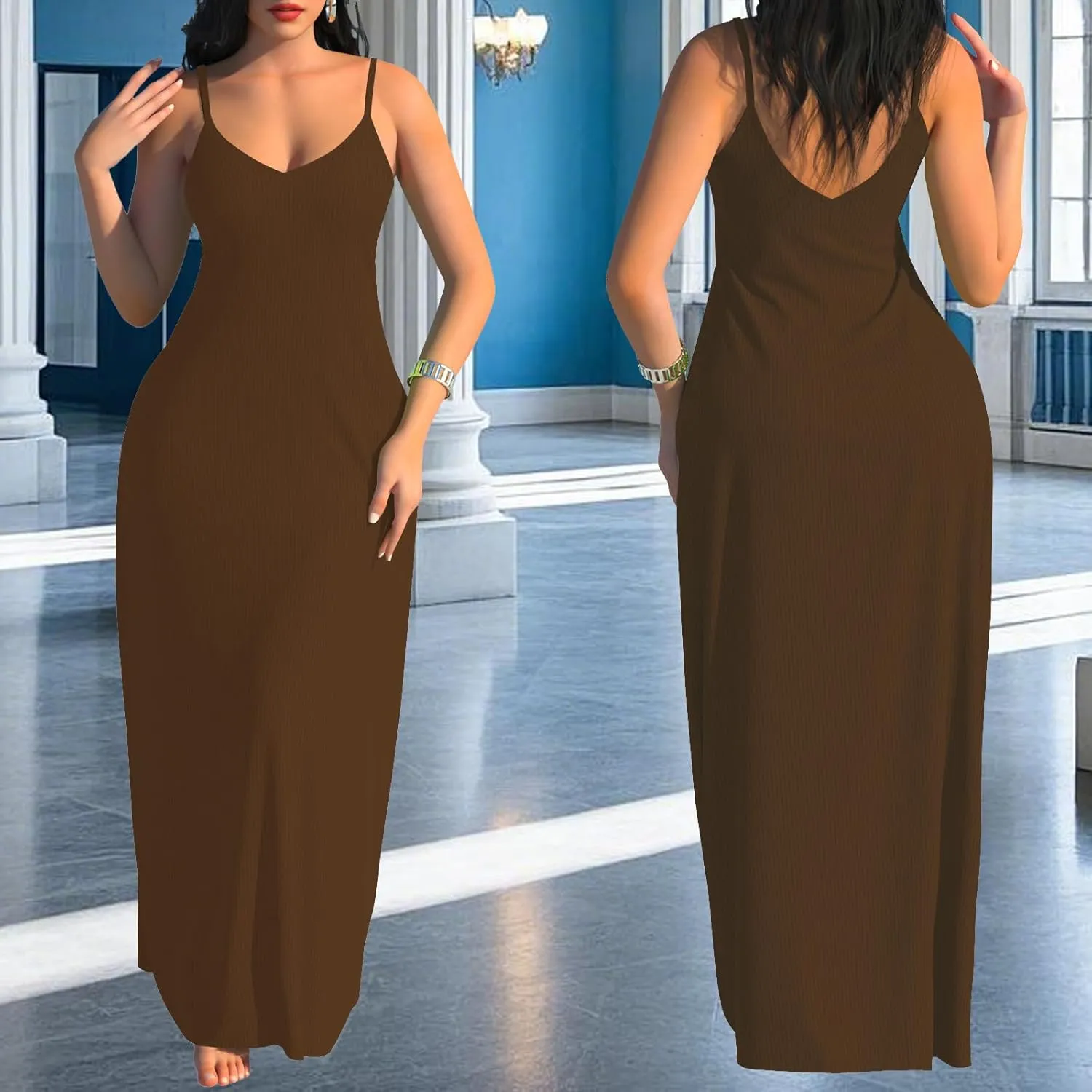 PaladMom Women's Summer Casual Sundress Sleeveless Maxi Dress Plus Size Loose Stripes Long Dresses with Pockets