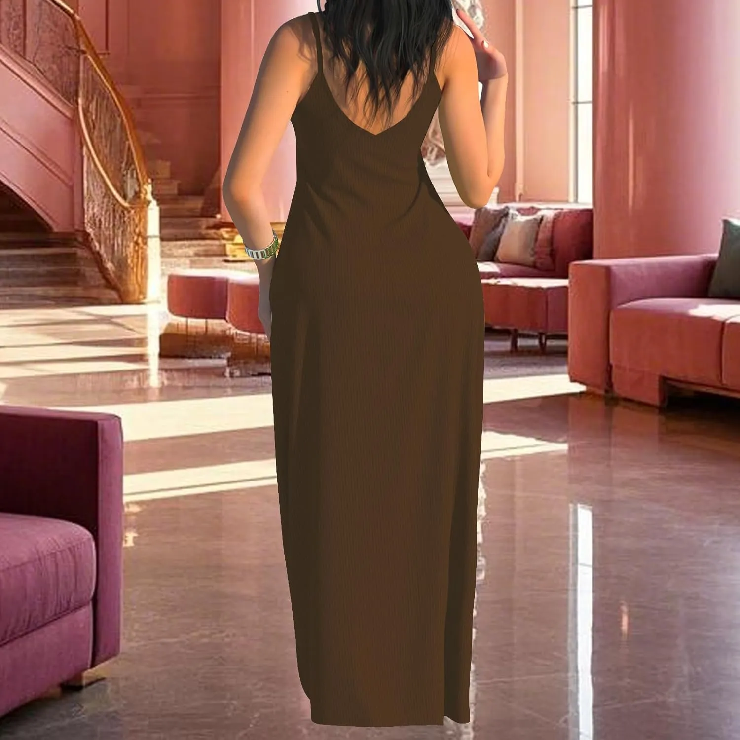 PaladMom Women's Summer Casual Sundress Sleeveless Maxi Dress Plus Size Loose Stripes Long Dresses with Pockets