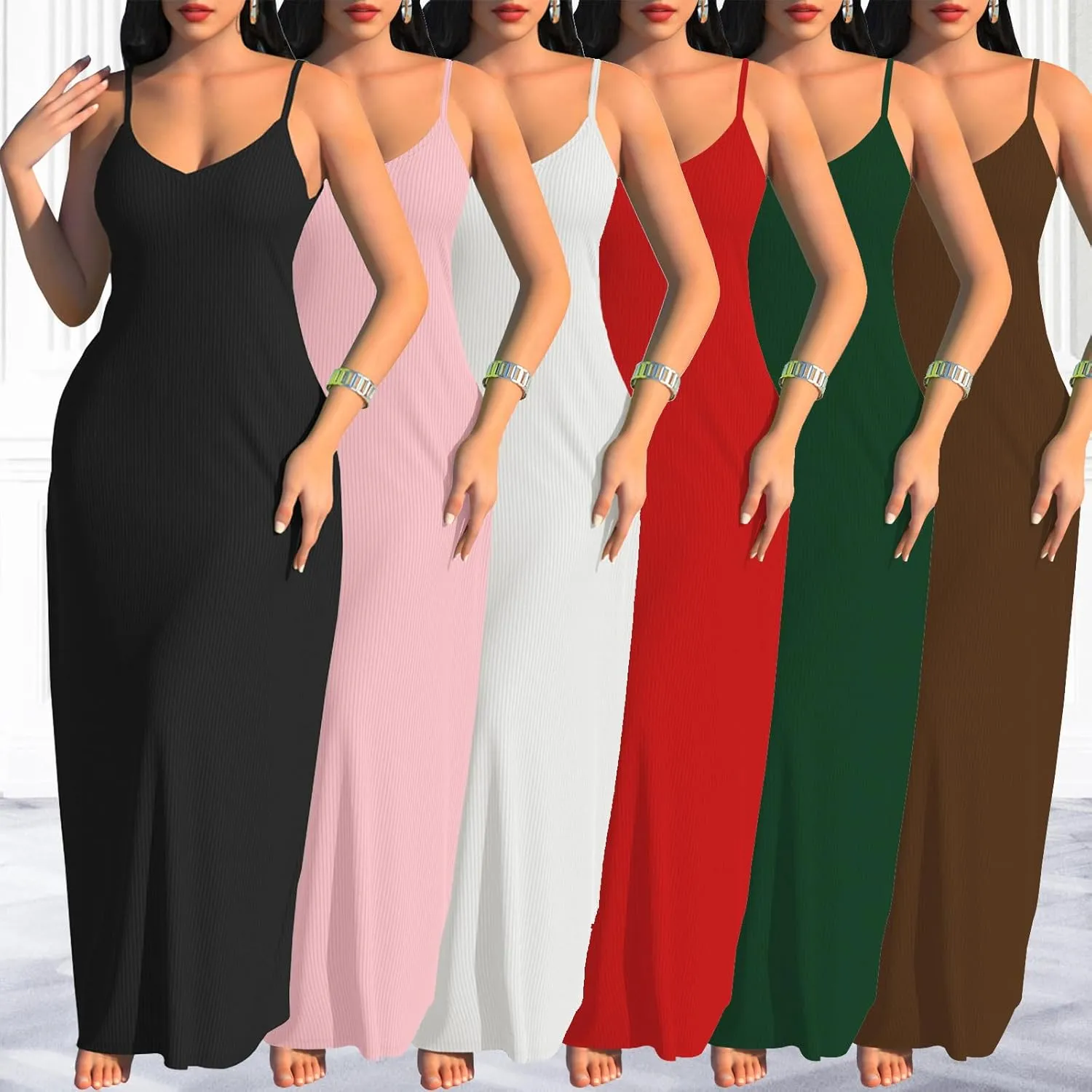 PaladMom Women's Summer Casual Sundress Sleeveless Maxi Dress Plus Size Loose Stripes Long Dresses with Pockets