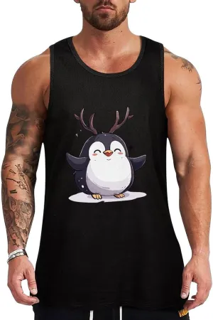 Penguin Deer Mens Tank Top Cotton Undershirt Crewneck Sleeveless Shirt for Summer