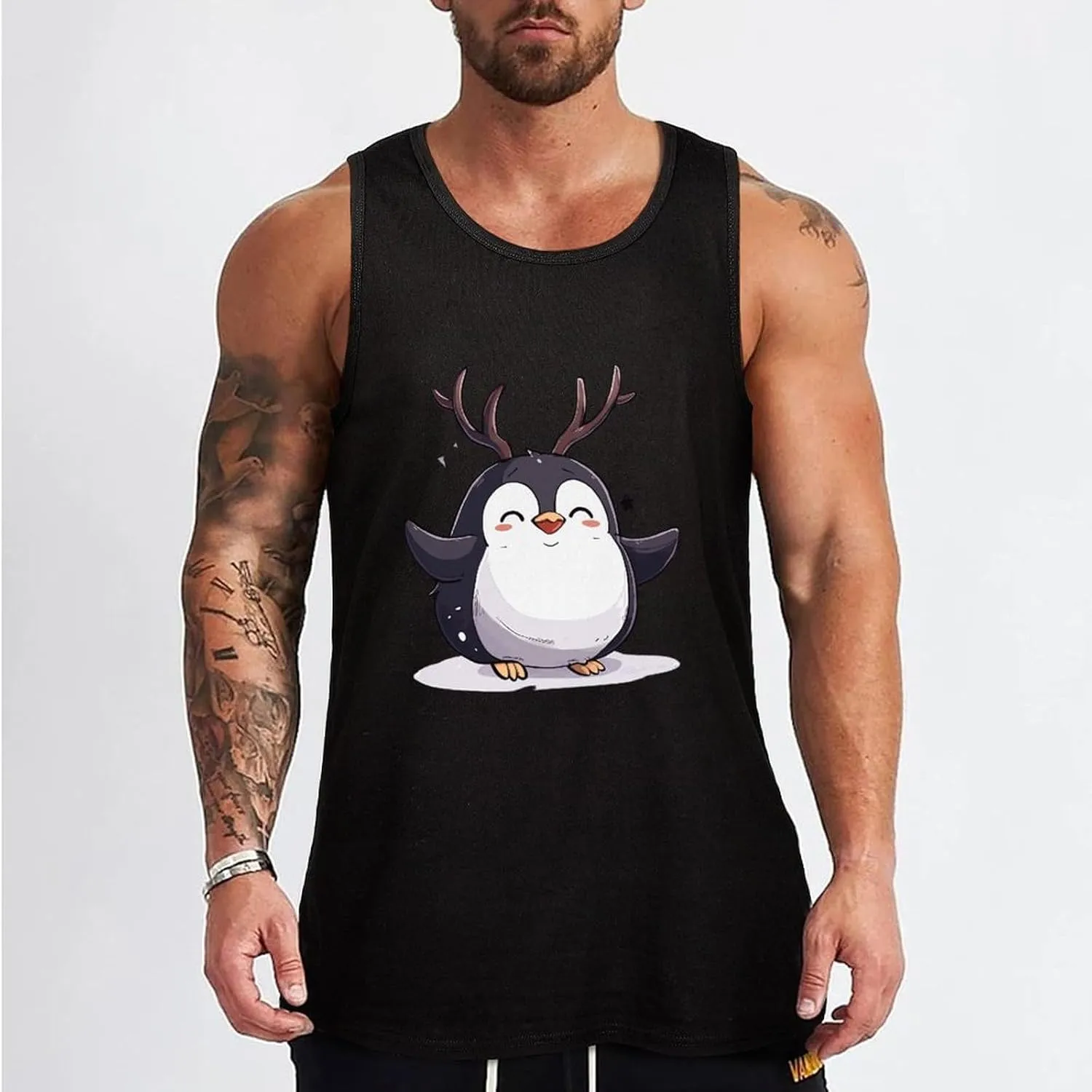 Penguin Deer Mens Tank Top Cotton Undershirt Crewneck Sleeveless Shirt for Summer