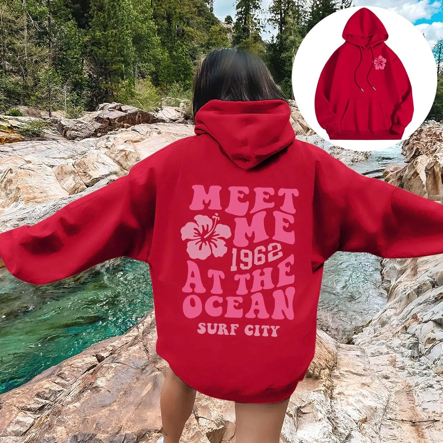 Pink Graphic Oversized Hoodies for Women Teen Girls 2024 Trendy Cute Preppy Sweatshirts Long Sleeve Y2K Tops Pullover