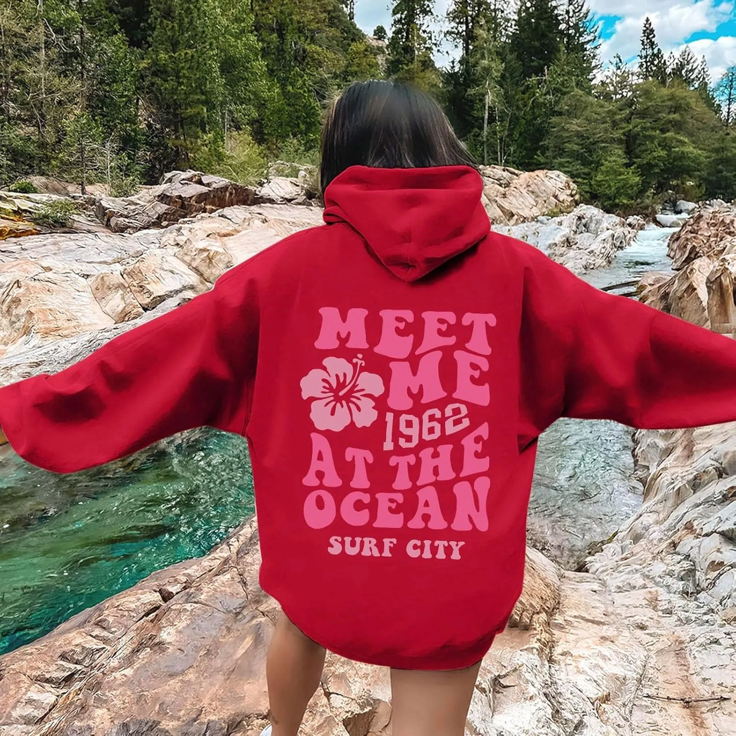 Pink Graphic Oversized Hoodies for Women Teen Girls 2024 Trendy Cute Preppy Sweatshirts Long Sleeve Y2K Tops Pullover