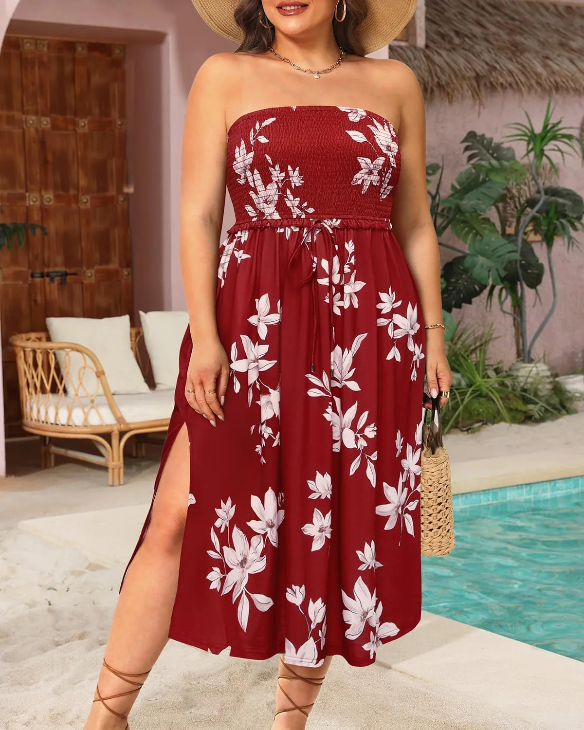 Pinup Fashion Plus Size Swimsuit Cover Ups Women Strapless Midi Sundress with Pockets