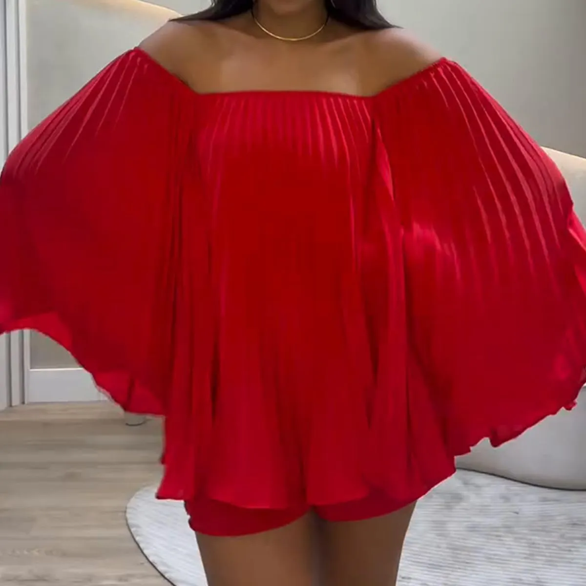 Pleated Bandeau Shorts Set - Women's 2 Piece Outfits Off Shoulder Bell Sleeve Top   Pleated Shorts/Half Skirt, Summer Set