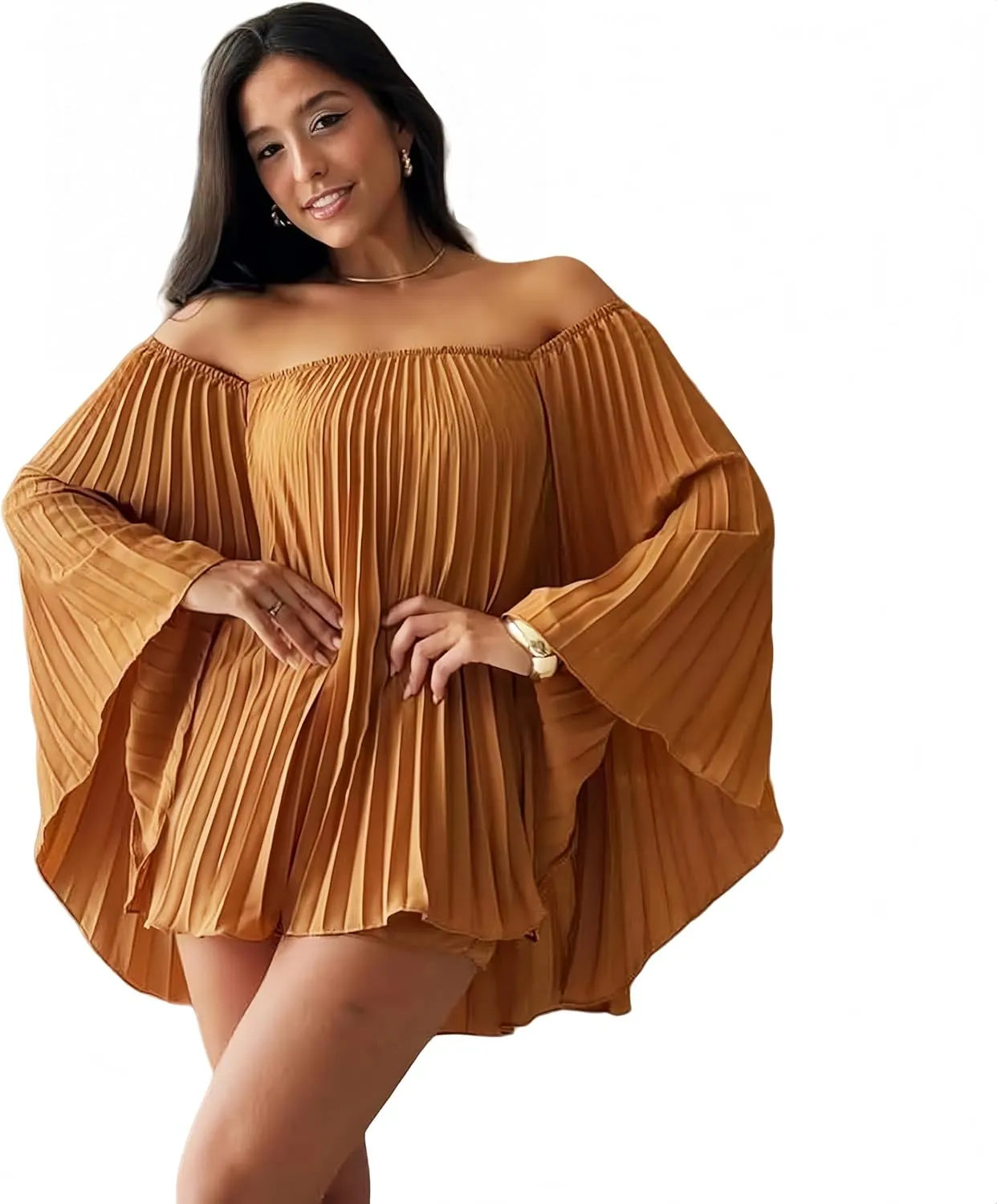 Pleated Bandeau Shorts Set - Women's 2 Piece Outfits Off Shoulder Bell Sleeve Top   Pleated Shorts/Half Skirt, Summer Set