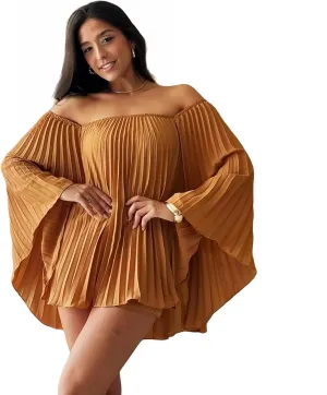 Pleated Bandeau Shorts Set - Women's 2 Piece Outfits Off Shoulder Bell Sleeve Top   Pleated Shorts/Half Skirt, Summer Set