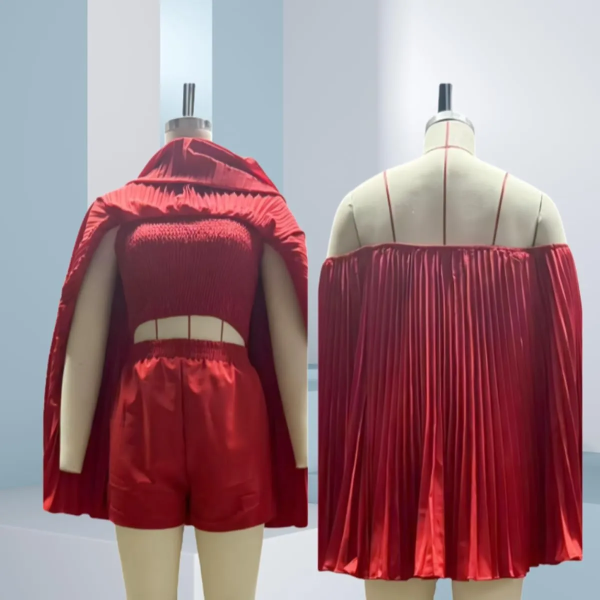 Pleated Bandeau Shorts Set - Women's 2 Piece Outfits Off Shoulder Bell Sleeve Top   Pleated Shorts/Half Skirt, Summer Set