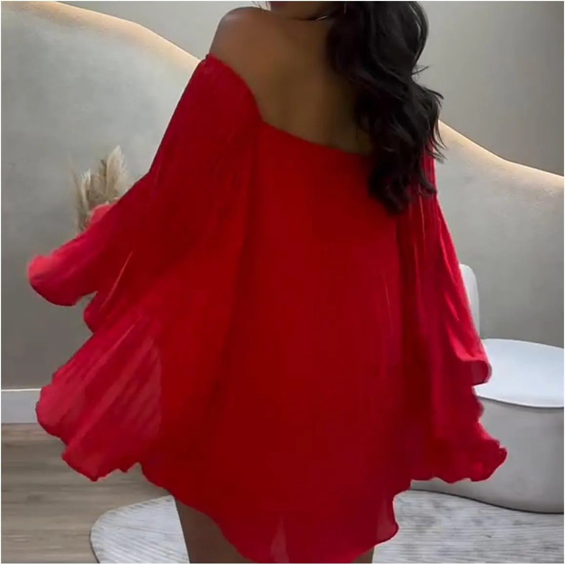 Pleated Bandeau Shorts Set - Women's 2 Piece Outfits Off Shoulder Bell Sleeve Top   Pleated Shorts/Half Skirt, Summer Set