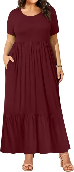 Plus Size Dresses for Women Summer Casual Short Sleeve Crewneck Aline Swing Flowy Tiered Maxi Long Dress with Pockets