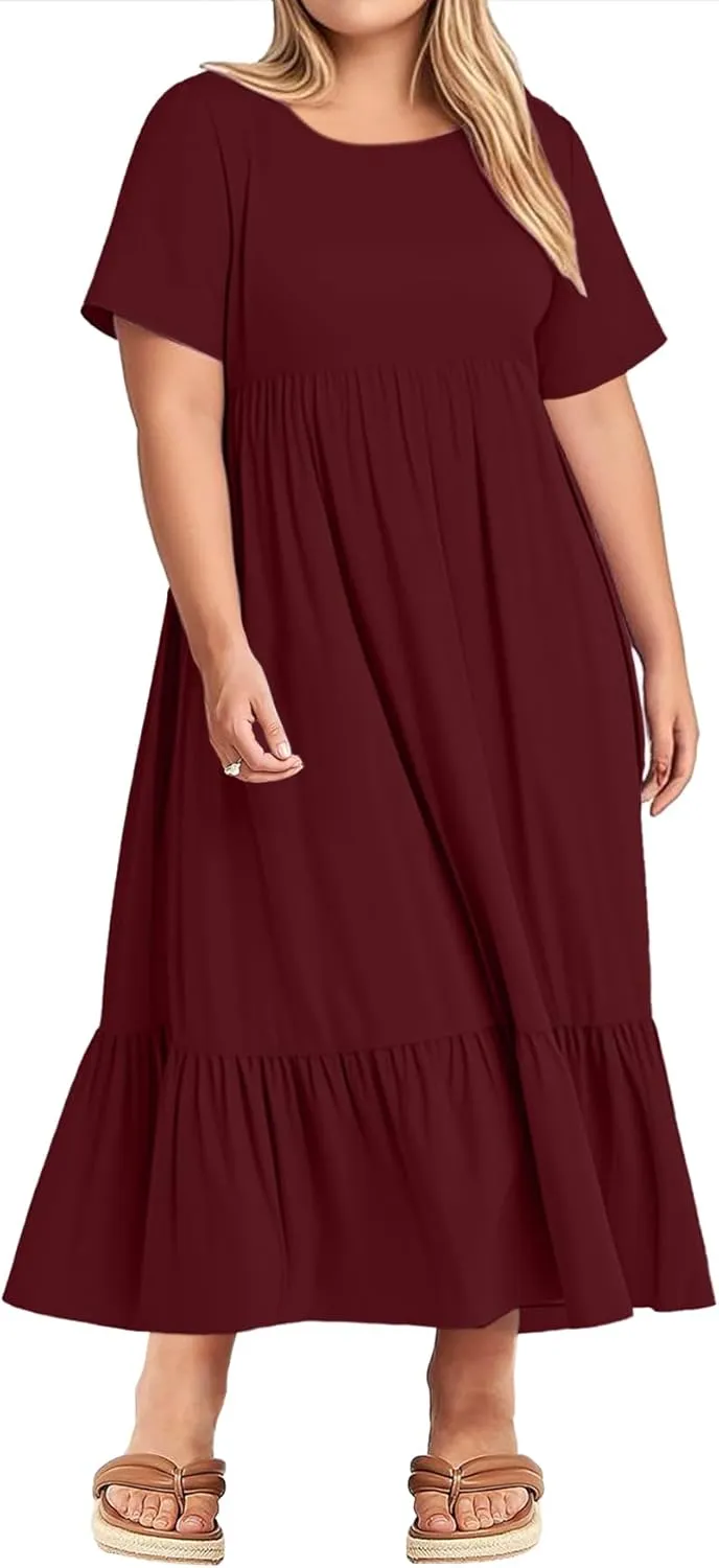 Plus Size Dresses for Women Summer Casual Short Sleeve Crewneck Aline Swing Flowy Tiered Maxi Long Dress with Pockets