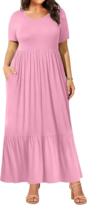 Plus Size Dresses for Women Summer Casual Short Sleeve Crewneck Aline Swing Flowy Tiered Maxi Long Dress with Pockets