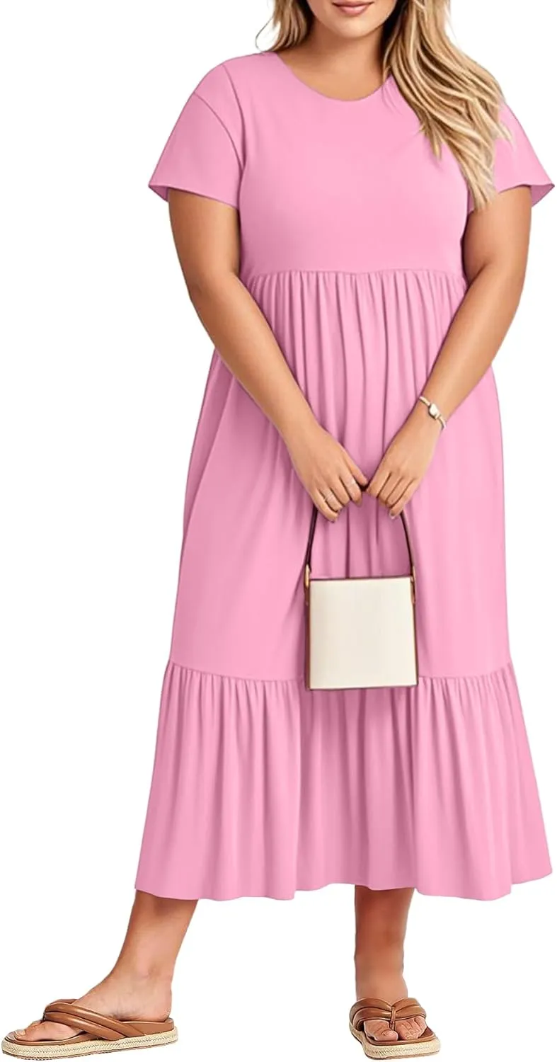 Plus Size Dresses for Women Summer Casual Short Sleeve Crewneck Aline Swing Flowy Tiered Maxi Long Dress with Pockets