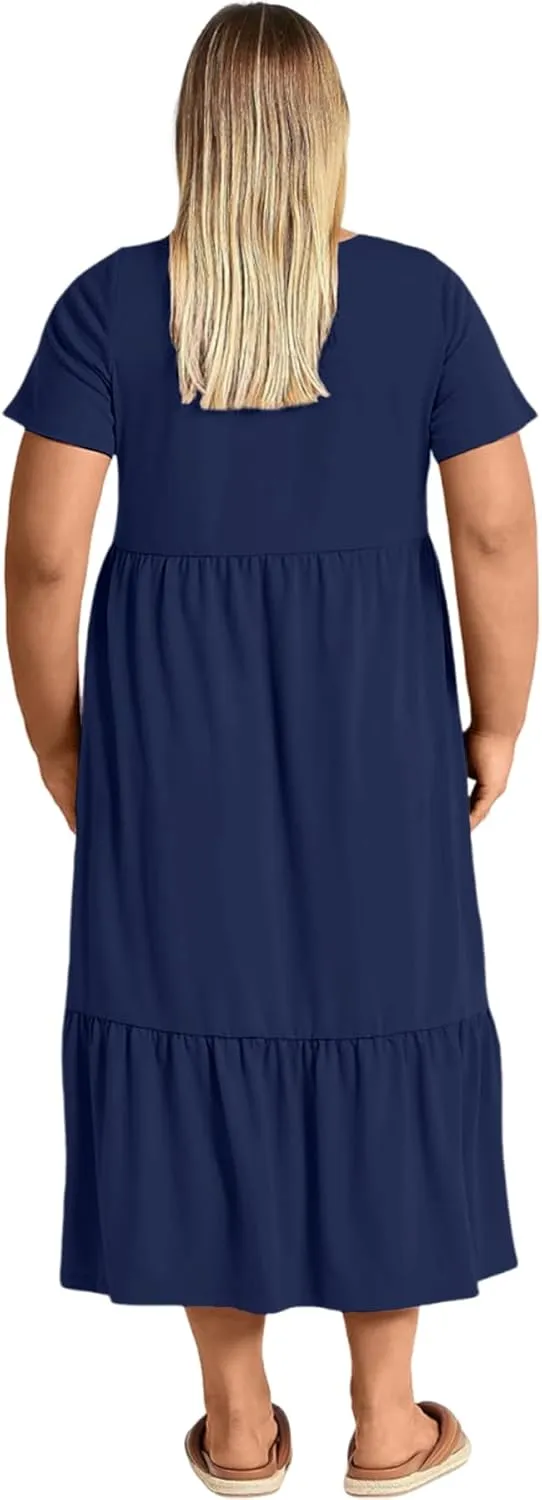 Plus Size Dresses for Women Summer Casual Short Sleeve Crewneck Aline Swing Flowy Tiered Maxi Long Dress with Pockets