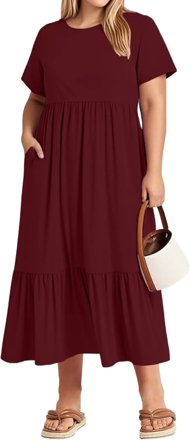 Plus Size Dresses for Women Summer Casual Short Sleeve Crewneck Aline Swing Flowy Tiered Maxi Long Dress with Pockets