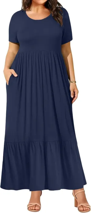 Plus Size Dresses for Women Summer Casual Short Sleeve Crewneck Aline Swing Flowy Tiered Maxi Long Dress with Pockets