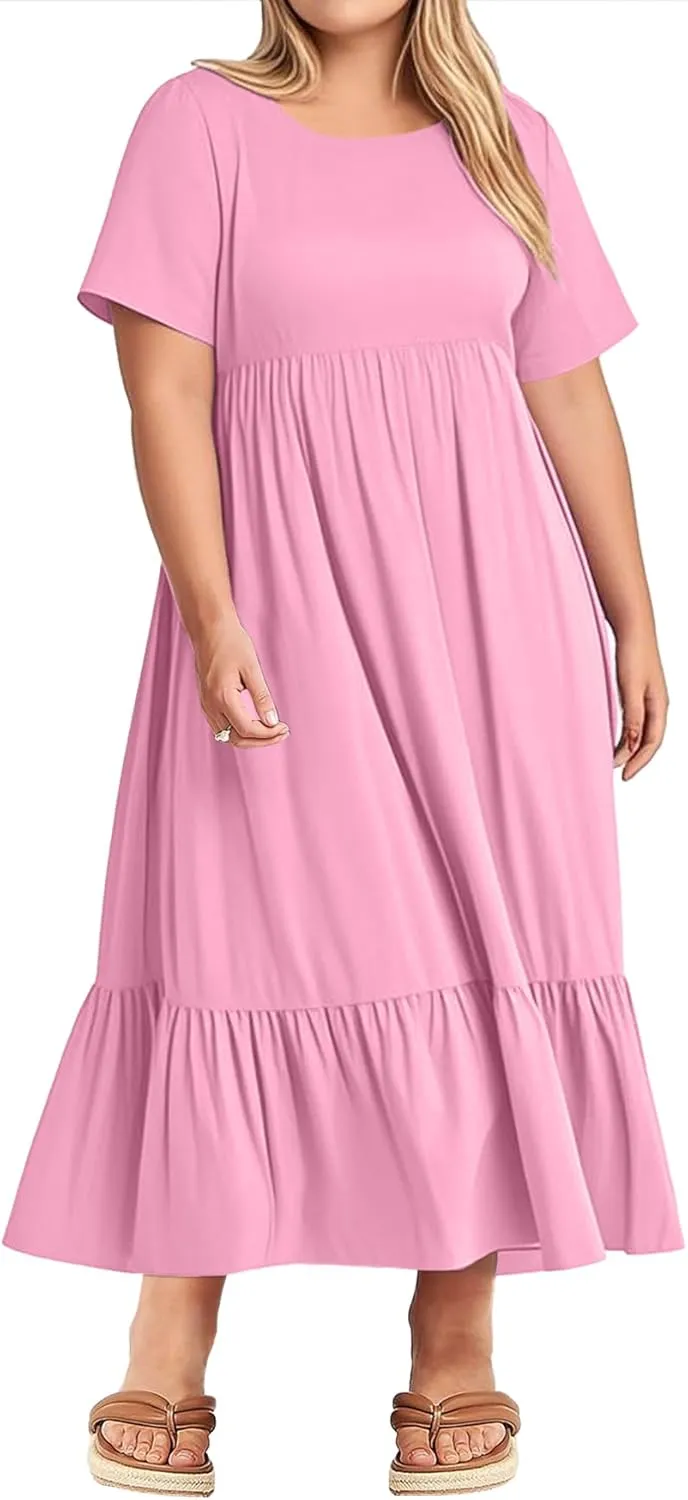 Plus Size Dresses for Women Summer Casual Short Sleeve Crewneck Aline Swing Flowy Tiered Maxi Long Dress with Pockets