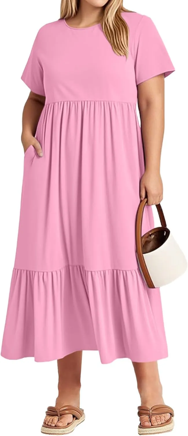 Plus Size Dresses for Women Summer Casual Short Sleeve Crewneck Aline Swing Flowy Tiered Maxi Long Dress with Pockets