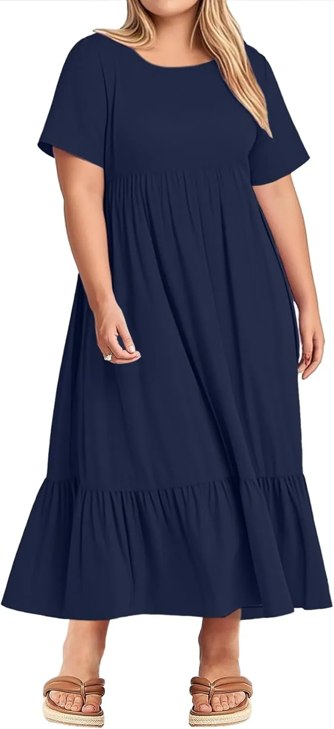 Plus Size Dresses for Women Summer Casual Short Sleeve Crewneck Aline Swing Flowy Tiered Maxi Long Dress with Pockets