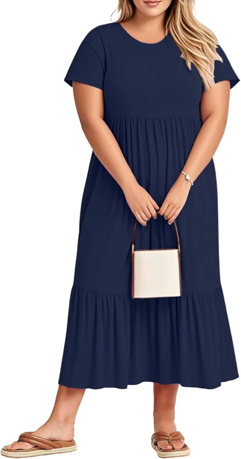 Plus Size Dresses for Women Summer Casual Short Sleeve Crewneck Aline Swing Flowy Tiered Maxi Long Dress with Pockets
