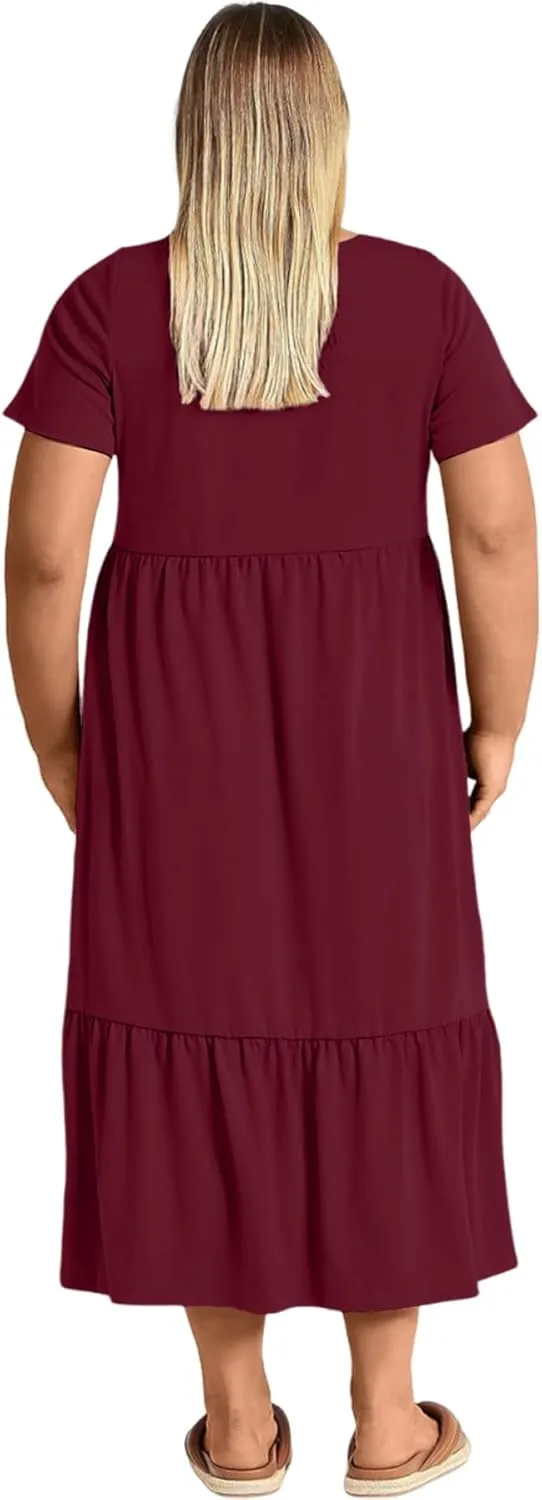 Plus Size Dresses for Women Summer Casual Short Sleeve Crewneck Aline Swing Flowy Tiered Maxi Long Dress with Pockets